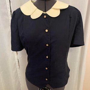 Simple Retro Navy Blouse w Removable Cream Faux Collar Size S